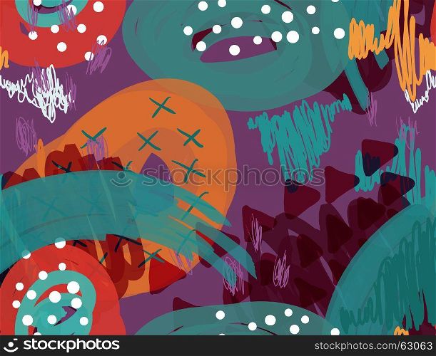 Abstract marker scribbles dots and triangles purple.Creative abstract colorful seamless pattern. Tribal ethnic motives. Universal bright background for greeting cards, invitations. Had drawn ink and marker texture.