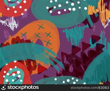 Abstract marker scribbles dots and triangles purple.Creative abstract colorful seamless pattern. Tribal ethnic motives. Universal bright background for greeting cards, invitations. Had drawn ink and marker texture.