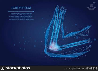 Abstract mash line and poin human arm joint. Low poly design elbow cure pain treatment vector illustration