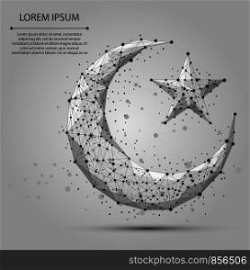 Abstract mash line and point crescent moon. Abstract vector polygonal wireframe illustration on grey background. Arabic, islamic, muslim, ramadan design