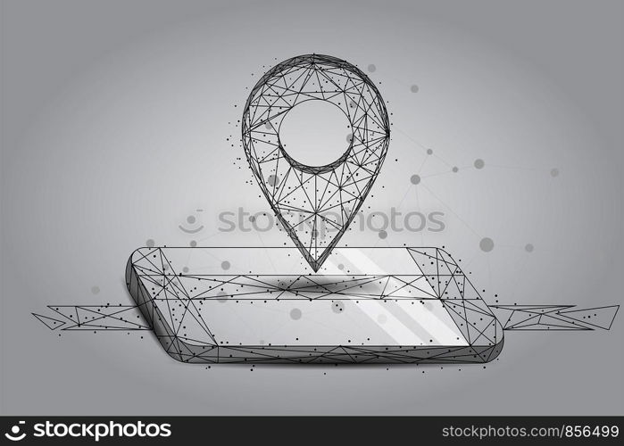 Abstract mash line and point GPS pin on mobile screen. Abstract Low-poly wireframe vector traveling illustration. Starry sky and cosmos style. Maps and navigator services.