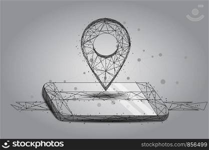 Abstract mash line and point GPS pin on mobile screen. Abstract Low-poly wireframe vector traveling illustration. Starry sky and cosmos style. Maps and navigator services.
