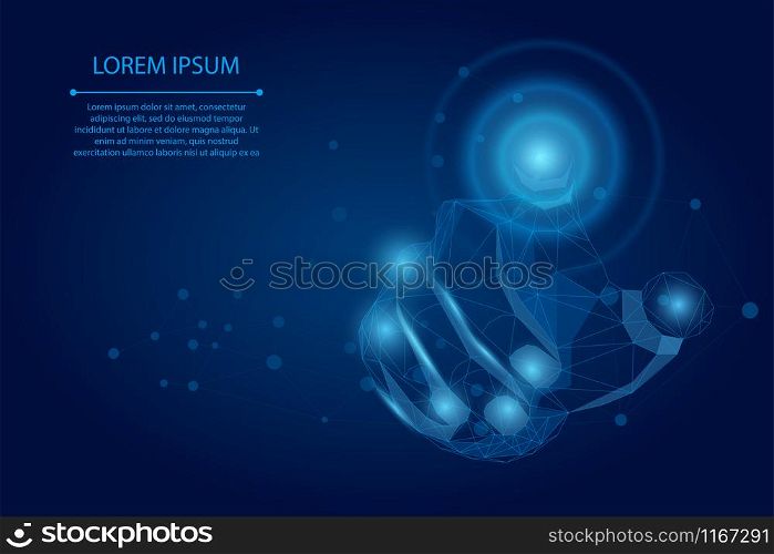 Abstract mash line and point Hand touch the circle interface technology. Polygonal Businessman pushing a button on a digital touch screen. Low poly vector illustration