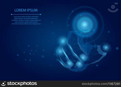 Abstract mash line and point Hand touch the circle interface technology. Polygonal Businessman pushing a button on a digital touch screen. Low poly vector illustration