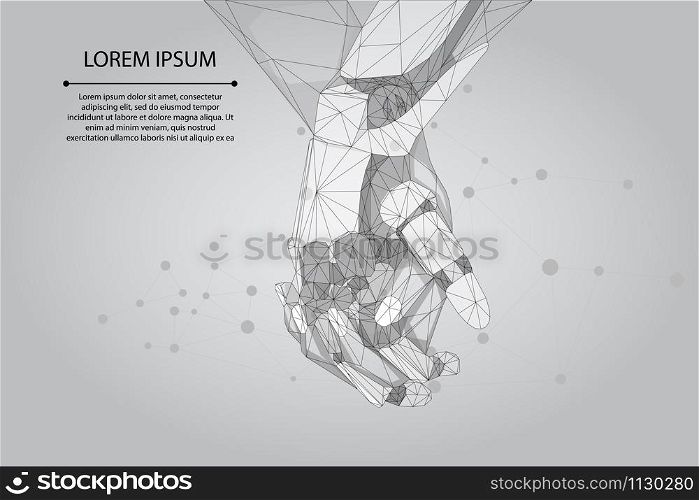 Abstract mash line and point human and robot hands together. Future technological business. Low poly artificial intelligence vector illustration