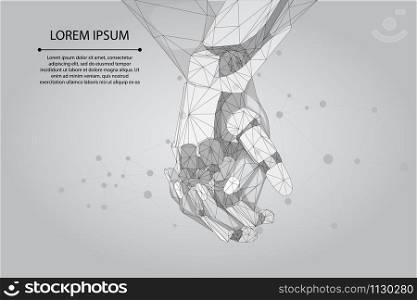 Abstract mash line and point human and robot hands together. Future technological business. Low poly artificial intelligence vector illustration