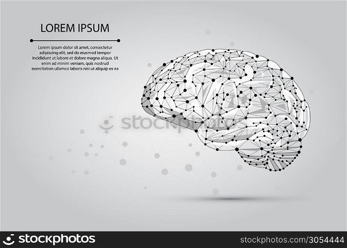 Abstract mash line and point human Brain. Low poly Neural network. IQ testing, artificial intelligence virtual emulation science technology concept. Brainstorm think idea vector illustration.