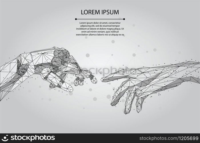 Abstract mash line and point Low poly wireframe human and robot hands touching with fingers. Polygonal artificial intelligence 3D vector Illustration Future technological business.