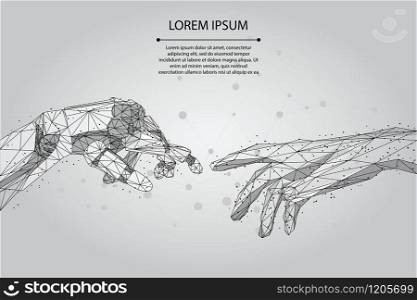 Abstract mash line and point Low poly wireframe human and robot hands touching with fingers. Polygonal artificial intelligence 3D vector Illustration Future technological business.