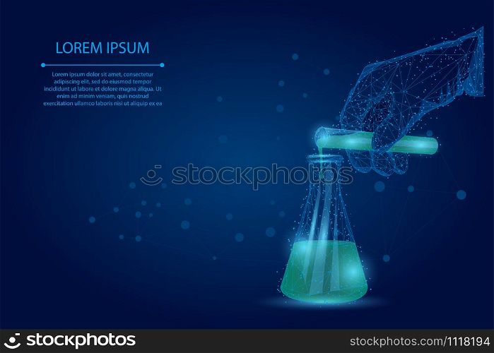 Abstract mash line and point medical laboratory analysis. Medicine low poly wireframe banner template. Polygonal scientist hand pours liquid from test tube into flask. Lab testing vector illustration.