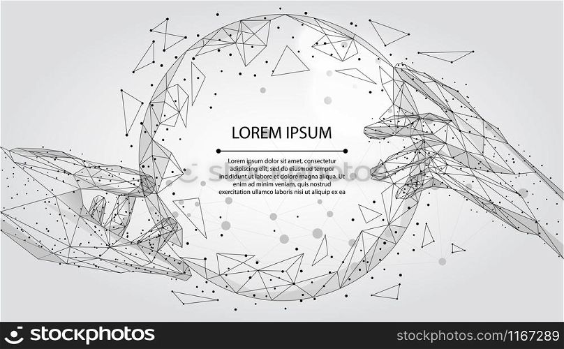 Abstract mash line and point, polygonal hands touching digital global form. Low poly vector Illustration