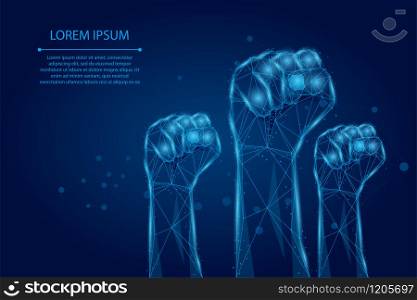 Abstract mash line and point rised Clenched fist. Low poly protesting crowd. Protest, revolution, conflict polygonal vector illustration
