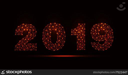 Abstract Mash Line and Point Scales on Dark Background with 2019 Happy New Year - Illustration Vector. Abstract Mash Line and Point Scales on Dark Background with 2019 Happy New Year