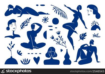 Abstract Matisse figure. Art painting of naked woman body. Contemporary female faces. Doodle flower vases. Modern birds and plant leaves. Girls in relaxing poses. Vector blue silhouette illustration. Abstract Matisse figure. Art painting of naked woman body. Contemporary female faces. Doodle flower vases. Modern birds and leaves. Girls in relaxing poses. Vector silhouette illustration