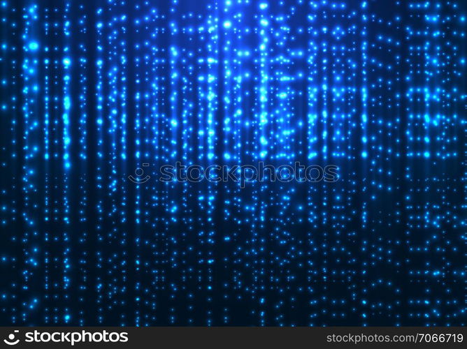 Abstract matrix technology blue magic sparkling glitter particles lines on dark background. Vector illustration