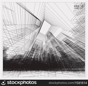 Abstract matrix wireframe space of building. 3D Perspective wireframe background. Vector illustration.