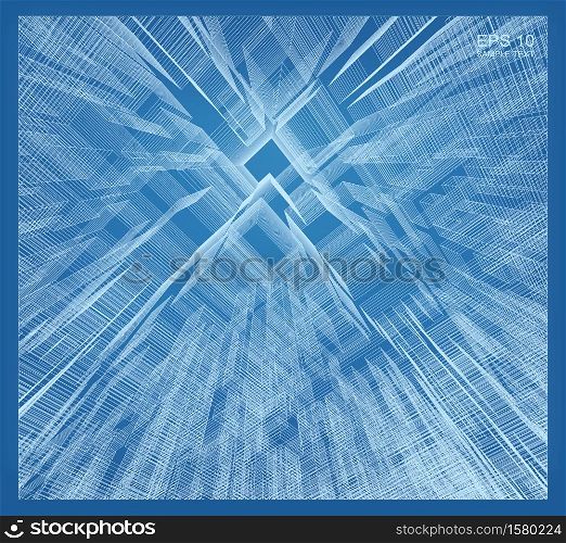 Abstract matrix wireframe space of building. Perspective wireframe background. Vector 3D illustration.