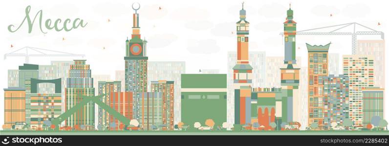 Abstract Mecca Skyline with Color Landmarks. Vector Illustration. Travel and Tourism Concept with Historic Buildings. Image for Presentation Banner Placard and Web Site.