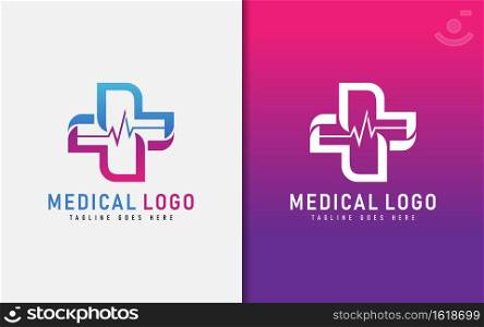 Abstract Medical Care Logo Design. Abstract Health Cross Symbol Combine With Electrocardiography Lines Concept. Vector Graphic Illustration. Graphic Design Element.