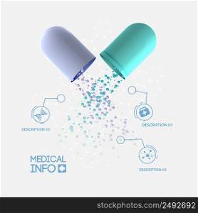Abstract medicine infographic concept with medical opened capsule pill three options and icons isolated vector illustration. Abstract Medicine Infographic Concept