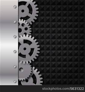 Abstract metal and glass background with frame and gears. Vector illustration.