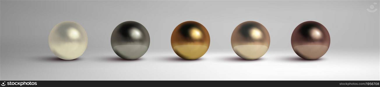 Abstract metal balls set. Pearl, black metal,brass,silver. Chrome sphere silver metal ball.. Abstract metal balls set. Pearl, black metal,brass,silver. Vector golden sphere isolated object on white. Chrome sphere silver metal ball.