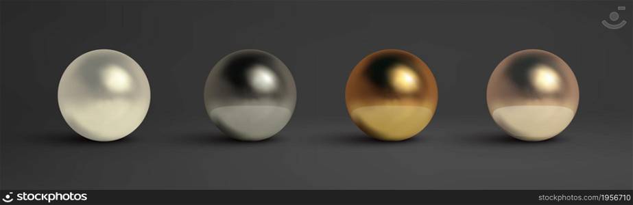 Abstract metal balls set. Pearl, black metal,brass,silver. Chrome sphere silver metal ball.. Abstract metal balls set. Pearl, black metal,brass,silver. Vector golden sphere isolated object on black. Chrome sphere silver metal ball.