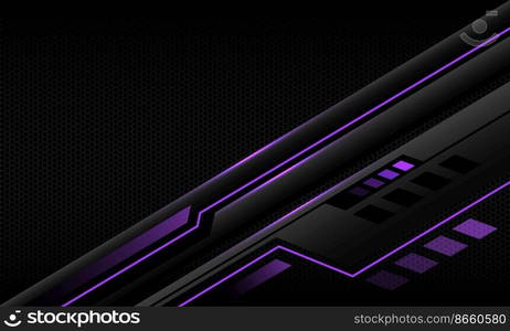 Abstract metallic purple line black cyber dynamic geometric banner on black hexagon mesh pattern blank space design ultramodern luxury futuristic technology background vector illustration.