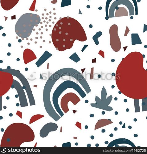 Abstract mid century modern design, background or print with minimalist ornaments and decoration. Wallpaper seamless pattern for wrappings or cards scandi decor. Vector in flat style illustration. Mid century modern abstract shape seamless pattern