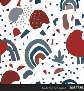 Abstract mid century modern design, background or print with minimalist ornaments and decoration. Wallpaper seamless pattern for wrappings or cards scandi decor. Vector in flat style illustration. Mid century modern abstract shape seamless pattern