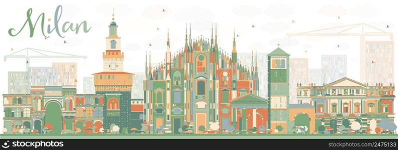 Abstract Milan Skyline with Color Landmarks. Vector Illustration. Business Travel and Tourism Concept with Historic Buildings. Image for Presentation Banner Placard and Web Site.