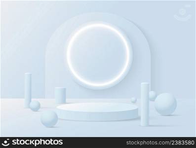 Abstract minimal blue pastel display stand showcase template. Overlapping with geometric design, neon light decoration background. Illustration vector