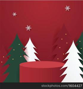 Abstract minimal mock up scene. geometry podium shape for show cosmetic product display. stage pedestal or platform. winter christmas red background