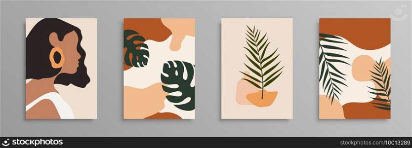 Abstract minimal woman portrait. Beauty portrait. Abstract tropical leaves poster covers. Palm, exotic leaves. Stock vector. EPS 10
