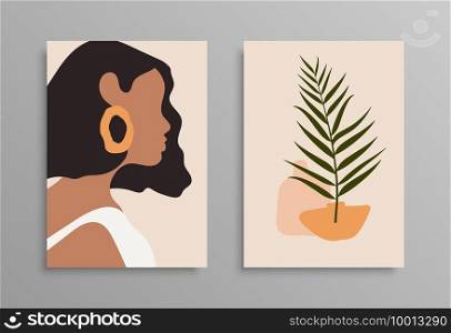 Abstract minimal woman portrait. Beauty portrait. Abstract tropical leaves poster covers. Palm, exotic leaves. Stock vector. EPS 10