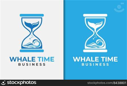 Abstract Minimalist Sand Clock Logo Design with Whale Tail and Blue Sea Atmosphere Combination Concept.