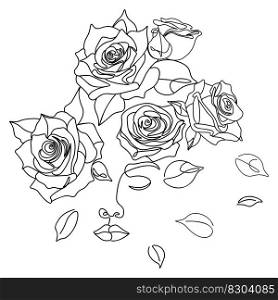 Abstract minimalistic line art female face with roses and leaves.