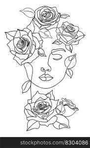 Abstract minimalistic line art female face with roses and leaves.