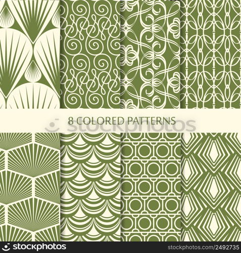 Abstract minimalistic vintage seamless patterns set with different green geometric shapes of repeating structure vector illustration. Abstract Minimalistic Vintage Seamless Patterns Set