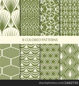 Abstract minimalistic vintage seamless patterns set with different green geometric shapes of repeating structure vector illustration. Abstract Minimalistic Vintage Seamless Patterns Set