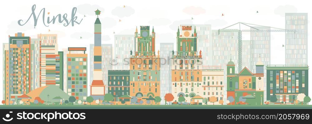 Abstract Minsk skyline with color buildings. Vector illustration. Business travel and tourism concept with modern buildings. Image for presentation, banner, placard and web site.