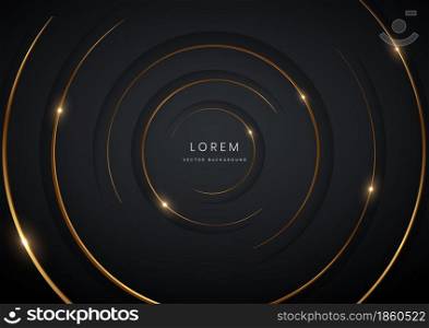 Abstract modern black circles background with gold glowing and lighting luxury style. Vector illustration