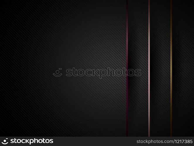 Abstract modern black paper layers overlap dimension background and golden, pink gold, copper metallic lines with space for your text. Luxury business design concept. Vector illustration