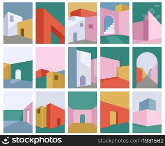 Abstract modern building, minimal architecture geometric shapes covers. Minimal architectural building posters vector illustration set. Modern building cards. Minimal abstract posters. Abstract modern building, minimal architecture geometric shapes covers. Minimal architectural building posters vector illustration set. Modern building cards