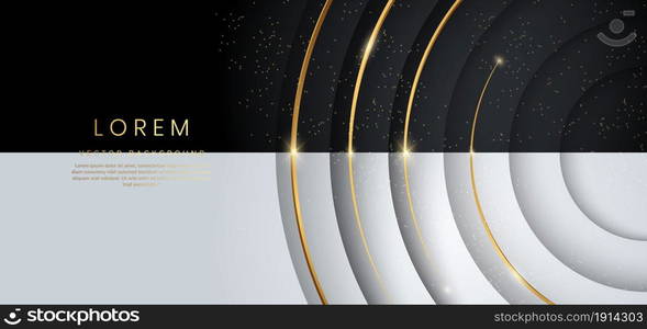 Abstract modern circles layers on black and white background with gold glowing and lighting luxury style. Vector illustration