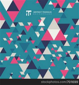 Abstract modern colorful triangles pattern elements on blue background with copy space. Vector graphic illustration