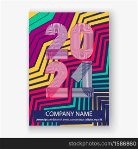 Abstract modern cover design colorful neon zigzag background with 2021 happy new year,2021 numbers in thin lines striped style, vector illustration for greeting card, banner, brochure, magazine, label