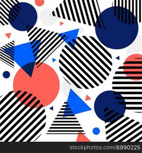 Abstract modern fashion circles and triangles pattern with black lines diagonally on white background. Vector illustration