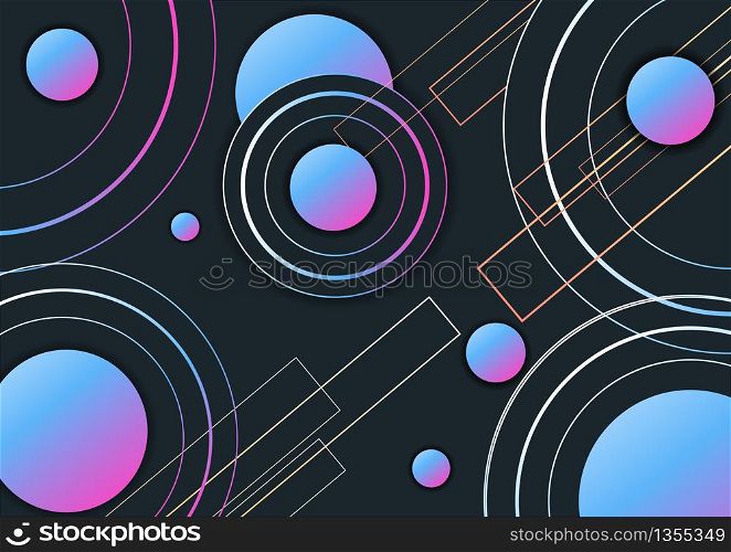 Abstract modern geometric circles overlap pattern with lines on dark background. Vector illustration
