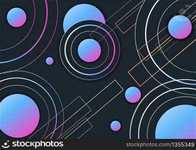Abstract modern geometric circles overlap pattern with lines on dark background. Vector illustration